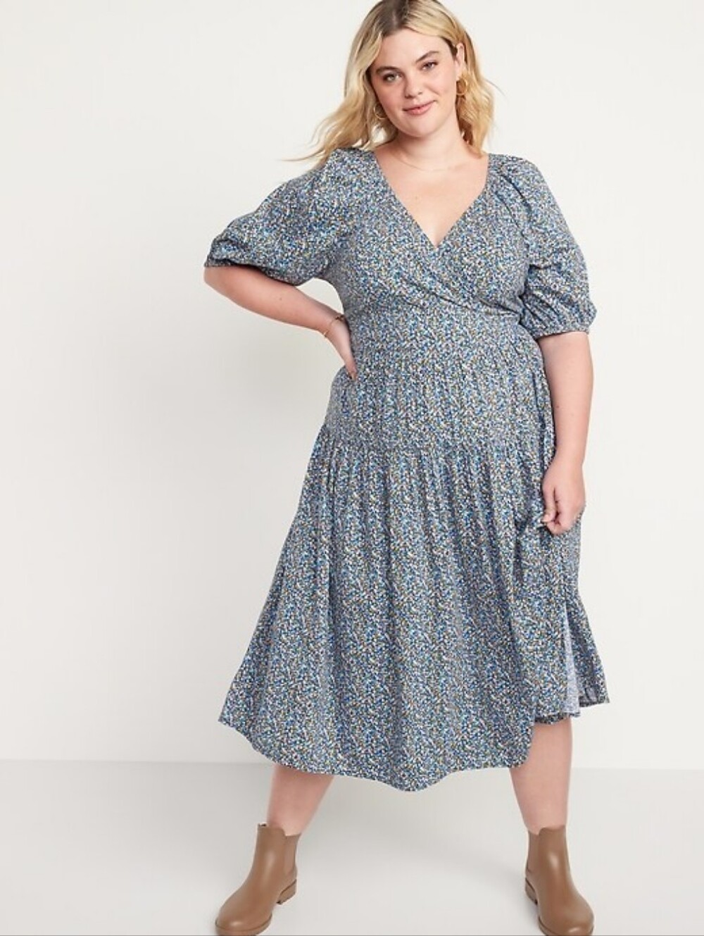 Old Navy Waist-Defined Floral Tie-Belt Midi Wrap Dress Puff Sleeve Blue 2X